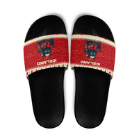 Iceland Christmas Slide Sandals with Red Snowflake Pattern Yule Cat and National Coat of Arms Motif - Wonder Print Shop