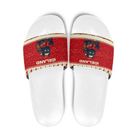 Iceland Christmas Slide Sandals with Red Snowflake Pattern Yule Cat and National Coat of Arms Motif - Wonder Print Shop