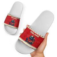 Iceland Christmas Slide Sandals with Red Snowflake Pattern Yule Cat and National Coat of Arms Motif - Wonder Print Shop