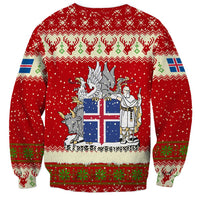 Iceland Christmas Sweatshirt with Red Snowflake Pattern Yule Cat and National Coat of Arms Motif - Wonder Print Shop