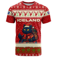 Iceland Christmas T Shirt with Red Snowflake Pattern Yule Cat and National Coat of Arms Motif - Wonder Print Shop