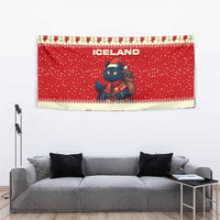 Iceland Christmas Tapestry with Red Snowflake Pattern Yule Cat and National Coat of Arms Motif - Wonder Print Shop