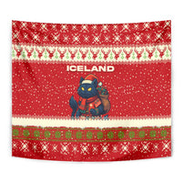 Iceland Christmas Tapestry with Red Snowflake Pattern Yule Cat and National Coat of Arms Motif - Wonder Print Shop