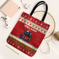 Iceland Christmas Tote Bag with Red Snowflake Pattern Yule Cat and National Coat of Arms Motif - Wonder Print Shop