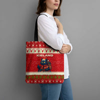 Iceland Christmas Tote Bag with Red Snowflake Pattern Yule Cat and National Coat of Arms Motif - Wonder Print Shop