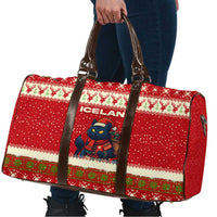 Iceland Christmas Travel Bag with Red Snowflake Pattern Yule Cat and National Coat of Arms Motif - Wonder Print Shop