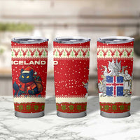 Iceland Christmas Tumbler Cup with Red Snowflake Pattern Yule Cat and National Coat of Arms Motif - Wonder Print Shop