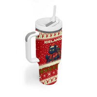 Iceland Christmas Tumbler With Handle with Red Snowflake Pattern Yule Cat and National Coat of Arms Motif - Wonder Print Shop