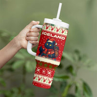 Iceland Christmas Tumbler With Handle with Red Snowflake Pattern Yule Cat and National Coat of Arms Motif - Wonder Print Shop