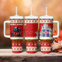 Iceland Christmas Tumbler With Handle with Red Snowflake Pattern Yule Cat and National Coat of Arms Motif - Wonder Print Shop