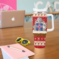 Iceland Christmas Tumbler With Handle with Red Snowflake Pattern Yule Cat and National Coat of Arms Motif - Wonder Print Shop