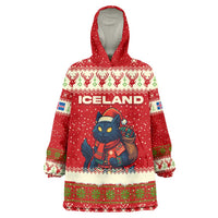Iceland Christmas Wearable Blanket Hoodie with Red Snowflake Pattern Yule Cat and National Coat of Arms Motif - Wonder Print Shop
