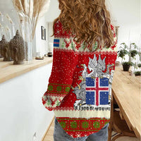 Iceland Christmas Women Casual Shirt with Red Snowflake Pattern Yule Cat and National Coat of Arms Motif - Wonder Print Shop