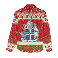 Iceland Christmas Women Casual Shirt with Red Snowflake Pattern Yule Cat and National Coat of Arms Motif - Wonder Print Shop