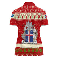 Iceland Christmas Women Polo Shirt with Red Snowflake Pattern Yule Cat and National Coat of Arms Motif - Wonder Print Shop