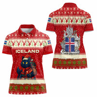 Iceland Christmas Women Polo Shirt with Red Snowflake Pattern Yule Cat and National Coat of Arms Motif - Wonder Print Shop