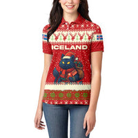 Iceland Christmas Women Polo Shirt with Red Snowflake Pattern Yule Cat and National Coat of Arms Motif - Wonder Print Shop