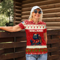 Iceland Christmas Women Polo Shirt with Red Snowflake Pattern Yule Cat and National Coat of Arms Motif - Wonder Print Shop