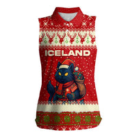 Iceland Christmas Women Sleeveless Polo Shirt with Red Snowflake Pattern Yule Cat and National Coat of Arms Motif - Wonder Print Shop