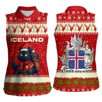 Iceland Christmas Women Sleeveless Polo Shirt with Red Snowflake Pattern Yule Cat and National Coat of Arms Motif - Wonder Print Shop