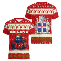 Iceland Christmas Women V-Neck T-Shirt with Red Snowflake Pattern Yule Cat and National Coat of Arms Motif - Wonder Print Shop