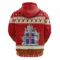 Iceland Christmas Zip Hoodie with Red Snowflake Pattern Yule Cat and National Coat of Arms Motif - Wonder Print Shop