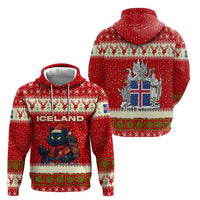 Iceland Christmas Zip Hoodie with Red Snowflake Pattern Yule Cat and National Coat of Arms Motif - Wonder Print Shop
