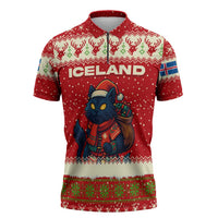 Iceland Christmas Zipper Polo Shirt with Red Snowflake Pattern Yule Cat and National Coat of Arms Motif - Wonder Print Shop