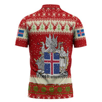 Iceland Christmas Zipper Polo Shirt with Red Snowflake Pattern Yule Cat and National Coat of Arms Motif - Wonder Print Shop