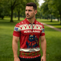Iceland Christmas Zipper Polo Shirt with Red Snowflake Pattern Yule Cat and National Coat of Arms Motif - Wonder Print Shop