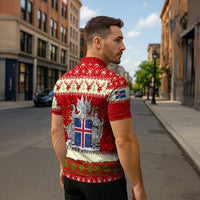 Iceland Christmas Zipper Polo Shirt with Red Snowflake Pattern Yule Cat and National Coat of Arms Motif - Wonder Print Shop