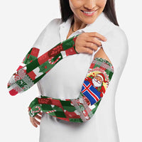 Iceland Christmas Arm Sleeves with Green & Red Candy Cane Pattern Santa Claus and National Flag Motif - Wonder Print Shop