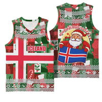 Iceland Christmas Basketball Jersey with Green & Red Candy Cane Pattern Santa Claus and National Flag Motif - Wonder Print Shop