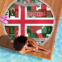 Iceland Christmas Beach Blanket with Green & Red Candy Cane Pattern Santa Claus and National Flag Motif - Wonder Print Shop