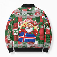 Iceland Christmas Bomber Puffer Jacket with Green & Red Candy Cane Pattern Santa Claus and National Flag Motif - Wonder Print Shop