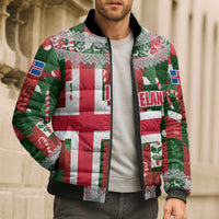 Iceland Christmas Bomber Puffer Jacket with Green & Red Candy Cane Pattern Santa Claus and National Flag Motif - Wonder Print Shop
