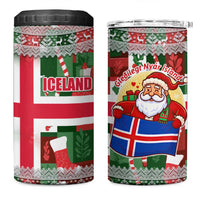 Iceland Christmas 4 in 1 Can Cooler Tumbler with Green & Red Candy Cane Pattern Santa Claus and National Flag Motif - Wonder Print Shop