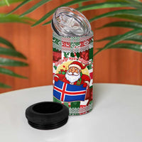 Iceland Christmas 4 in 1 Can Cooler Tumbler with Green & Red Candy Cane Pattern Santa Claus and National Flag Motif - Wonder Print Shop