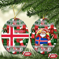 Iceland Christmas Ceramic Ornament with Green & Red Candy Cane Pattern Santa Claus and National Flag Motif - Wonder Print Shop