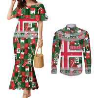 Iceland Christmas Couples Matching Mermaid Dress and Long Sleeve Button Shirt with Green & Red Candy Cane Pattern Santa Claus and National Flag Motif - Wonder Print Shop