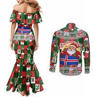 Iceland Christmas Couples Matching Mermaid Dress and Long Sleeve Button Shirt with Green & Red Candy Cane Pattern Santa Claus and National Flag Motif - Wonder Print Shop