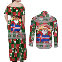 Iceland Christmas Couples Matching Off Shoulder Maxi Dress and Long Sleeve Button Shirt with Green & Red Candy Cane Pattern Santa Claus and National Flag Motif - Wonder Print Shop