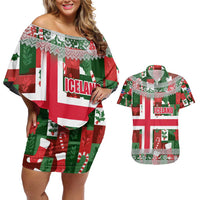Iceland Christmas Couples Matching Off Shoulder Short Dress and Hawaiian Shirt with Green & Red Candy Cane Pattern Santa Claus and National Flag Motif - Wonder Print Shop