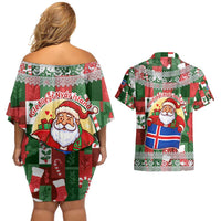 Iceland Christmas Couples Matching Off Shoulder Short Dress and Hawaiian Shirt with Green & Red Candy Cane Pattern Santa Claus and National Flag Motif - Wonder Print Shop