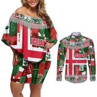 Iceland Christmas Couples Matching Off Shoulder Short Dress and Long Sleeve Button Shirt with Green & Red Candy Cane Pattern Santa Claus and National Flag Motif - Wonder Print Shop
