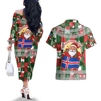 Iceland Christmas Couples Matching Off The Shoulder Long Sleeve Dress and Hawaiian Shirt with Green & Red Candy Cane Pattern Santa Claus and National Flag Motif - Wonder Print Shop
