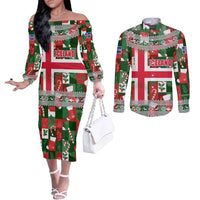 Iceland Christmas Couples Matching Off The Shoulder Long Sleeve Dress and Long Sleeve Button Shirt with Green & Red Candy Cane Pattern Santa Claus and National Flag Motif - Wonder Print Shop