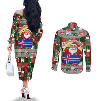 Iceland Christmas Couples Matching Off The Shoulder Long Sleeve Dress and Long Sleeve Button Shirt with Green & Red Candy Cane Pattern Santa Claus and National Flag Motif - Wonder Print Shop