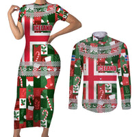 Iceland Christmas Couples Matching Short Sleeve Bodycon Dress and Long Sleeve Button Shirt with Green & Red Candy Cane Pattern Santa Claus and National Flag Motif - Wonder Print Shop