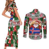 Iceland Christmas Couples Matching Short Sleeve Bodycon Dress and Long Sleeve Button Shirt with Green & Red Candy Cane Pattern Santa Claus and National Flag Motif - Wonder Print Shop